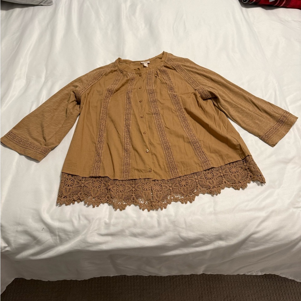 LOGO by Lori Goldstein Women's Top Woven Button, Brown, Sz S